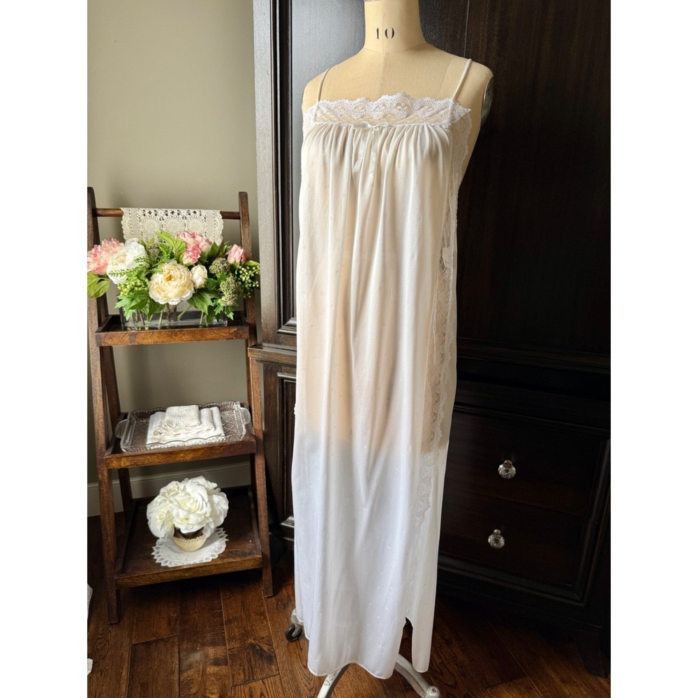 Vintage Nightgown Star Print Nylon Lace Bodice Side Slit Size Large Coquette